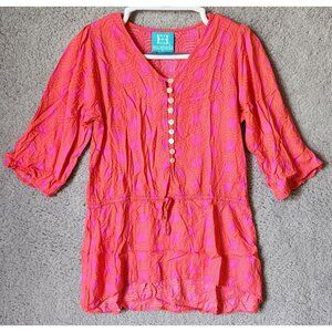 Escapada Women's S/S Cinched Waist Blouse Top Button Accent Bright Pink/Orange S